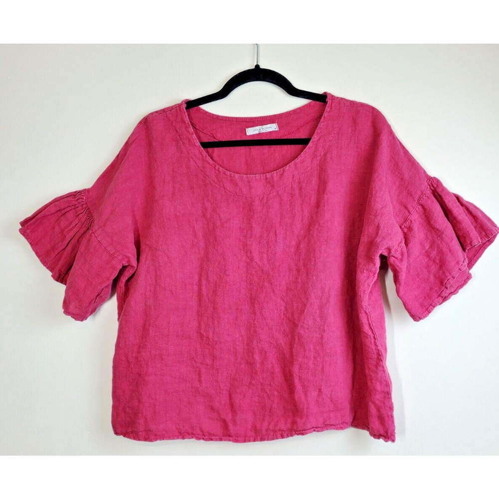 VIOLA BORGHI Womens Top Medium Linen Made in Italy‎ Bohemian Pink Bell Sleeve